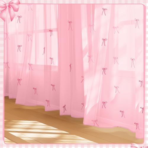 Tegeme 2 Panels Pink Bow Sheer Curtains for Bedroom 84 Inch | Embroidered Voile for Girls Room, Light Filtering Bedroom Decor, Sheer Panels for Kids Teens, Decorative Window Drapes