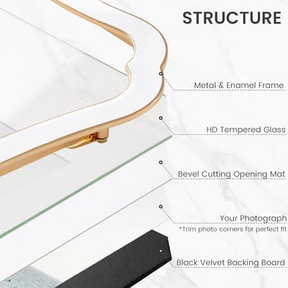 4x4 Picture Frame, Gold Wavy Cloud Border, White Enamel, 1pc | Premium Zinc Alloy Square Frame with Real Glass & Easel, Wall & Tabletop Display for Elegant Home Office Photo Gallery