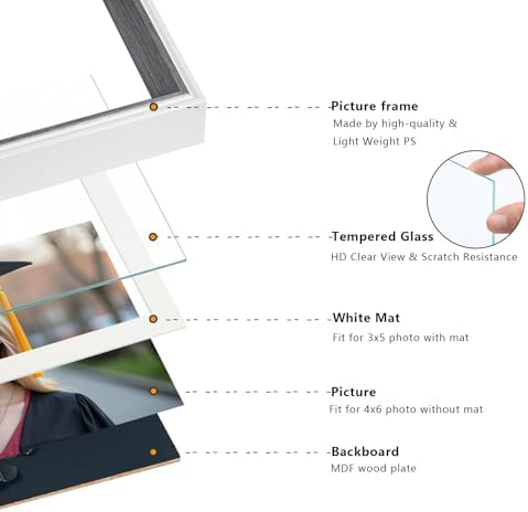 4x6 Double Hinged Picture Frame with Real Glass, PS06-GYX6 | Vertical display for 3x5 photos with mat or 4x6 without mat.Folding College Frame, for tabletop decor, gift for memories