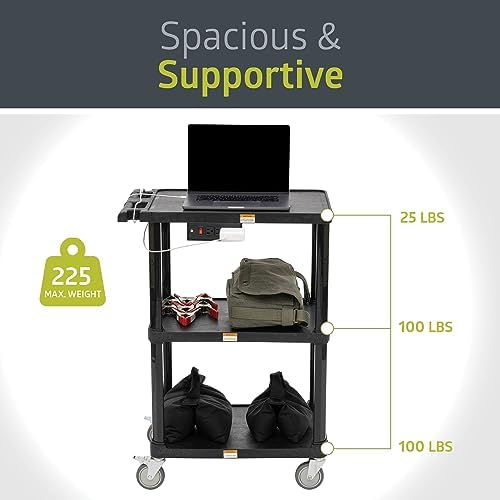 pearington 3-shelf mobile utility cart with 3 outlets showing dimensions