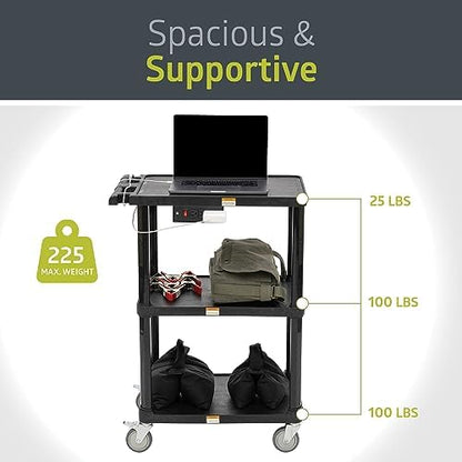 pearington 3-shelf mobile utility cart with 3 outlets showing dimensions