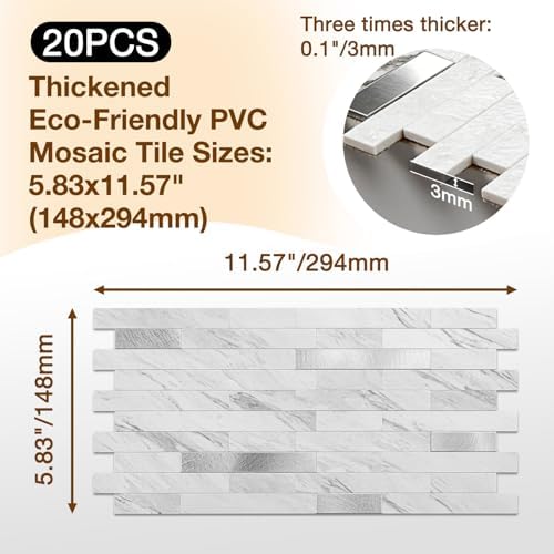 Peel and Stick Backsplash Tile Waterproof Removable PVC Wall Sticker 3D Faux Stone Marble Brick White Accent Panels (White Marble - Metal Silver, 20 Tiles - 9 sq. ft. (0.84 M²))