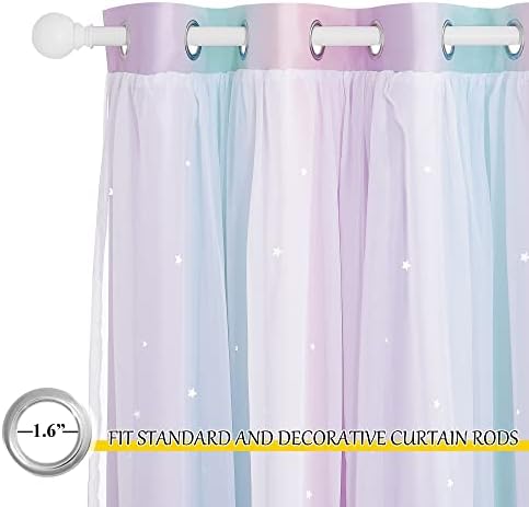 NICETOWN Curtains for Girls Bedroom Kids Curtain Star Cutout Rainbow Curtain for Girls Room Decor Window Nursery Curtain 84 inches Long Grommet, 2 Panels, W42 x L84, Purple & Blue & Pink