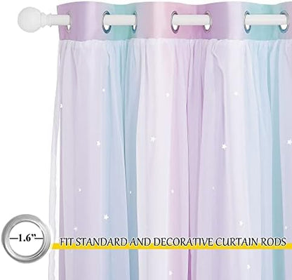 NICETOWN Curtains for Girls Bedroom Kids Curtain Star Cutout Rainbow Curtain for Girls Room Decor Window Nursery Curtain 84 inches Long Grommet, 2 Panels, W42 x L84, Purple & Blue & Pink
