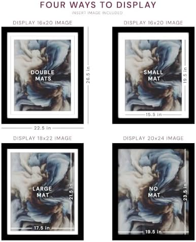 Frame Amo 20x24 Black Poster Frame, 18x22 and 16x20 Mats, High End | Tempered Glass, Solid Wood, 1.5 inch Wide, 1 inch Thick, 2 Thick 4-Ply White Mats, Heavy Duty, Acid Free, Hanging Hardware