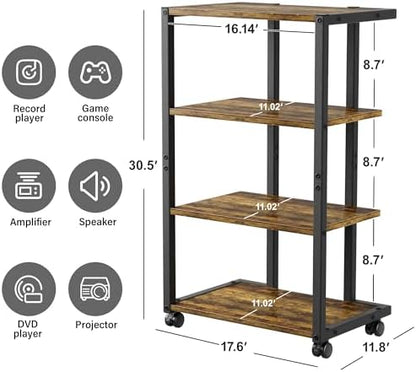 aquzee av media stand with wheels, 4-tier game, close-up detail