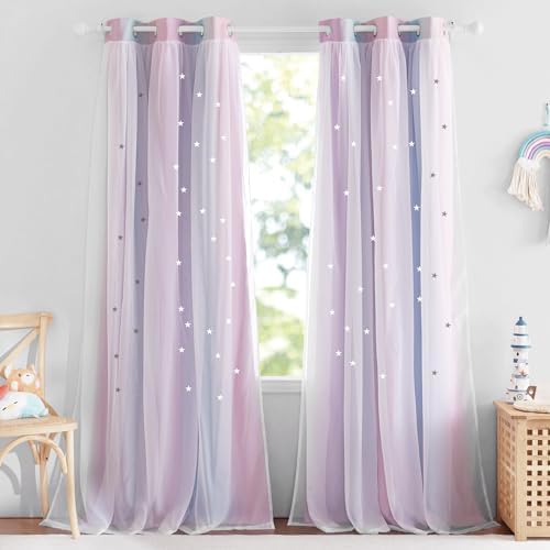 NICETOWN Curtains for Girls Bedroom Kids Curtain Star Cutout Rainbow Curtain for Girls Room Decor Window Nursery Curtain 84 inches Long Grommet, 2 Panels, W42 x L84, Purple & Blue & Pink