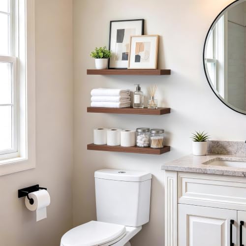 bayka walnut-like floating shelves 15.7in, 3 pack, wall shown in use