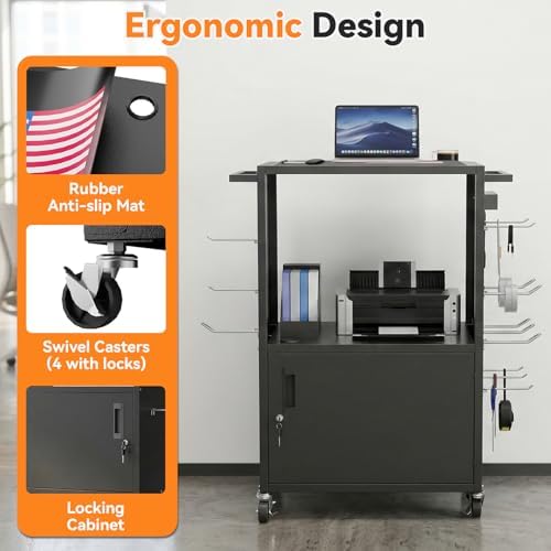 mobile av cart, heavy duty rolling computer cart showing dimensions