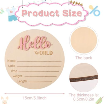 Baby Announcement Sign, Wooden Hello World Newborn Signs Birth Name Sign | 5.9in Welcome Name Plaques for Newborn Boys and Girls Photo Props Baby Shower Hospital Nursery (Light Pink)