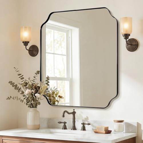 ANDY STAR 24x24 Inch Square Mirror, Matte Black Vanity Mirror, Modern Scallop...