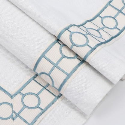 Cordless Roman Shades, Blackout Roman Shades, White Embroidered Blue Border Window Shades for Windows, Doors, Kitchen Windows