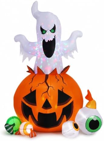 8FT Halloween Inflatable Ghost Pumpkin with Colorful LED Lights Yard Decor