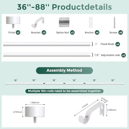 VOIIY White Curtain Rods for Windows 48 to 84 Inch(4-7 Feet),1" Diameter Drapery Rods with Modern Style End Cap Finials,Size:36-88 Inch