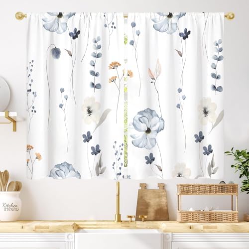 Watercolor Floral Kitchen Curtain 27.5W X 39L Inch 2 Panel Beige Blue White Flower Minimalist Cute Plant Leaves Summer Small Short Cafe Tier Window Treatment Drapes Bathroom Curtain Home Decor