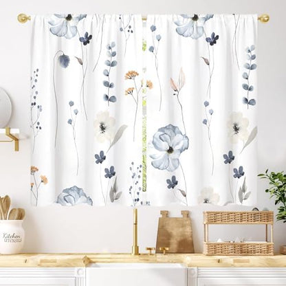 Watercolor Floral Kitchen Curtain 27.5W X 39L Inch 2 Panel Beige Blue White Flower Minimalist Cute Plant Leaves Summer Small Short Cafe Tier Window Treatment Drapes Bathroom Curtain Home Decor
