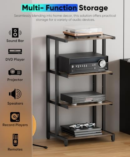4-tier wooden media stand, av media stand corner showing dimensions