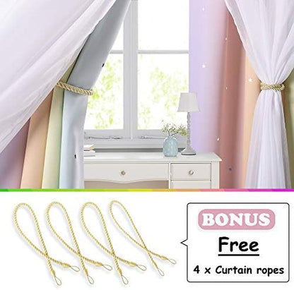 NICETOWN 2 Panels Blackout Curtains for Kids Girls Bedroom Living Room Colorful Double Layer Star Cut Out Stripe Rainbow Window Wall Home Decoration,W34 x L63 Inches, Rainbow