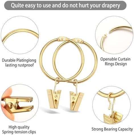40 Pack Rings Curtain Clips Rustproof Metal Window Drapery Decorative Clips Vintage Heavy Duty Eyelet Curtain Rods Hangers Rings with Hooks, 1.5In Inner Diameter (Gold-Open)