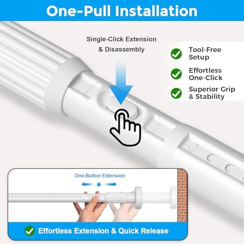 Extra Long Tension Curtain Rods 41-146 Inch, White, One-Click Heavy Duty | No Drilling Adjustable Outdoor Shower Tension Rod for Patio, Window, Living Room Divider, Bathroom, Non-Slip 1.26" Diameter