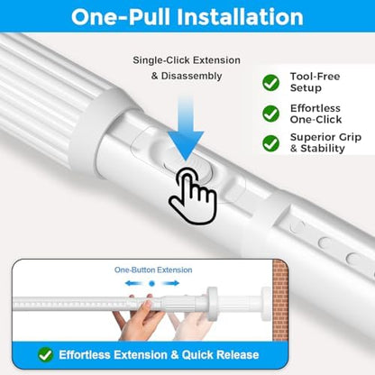 Extra Long Tension Curtain Rods 41-146 Inch, White, One-Click Heavy Duty | No Drilling Adjustable Outdoor Shower Tension Rod for Patio, Window, Living Room Divider, Bathroom, Non-Slip 1.26" Diameter
