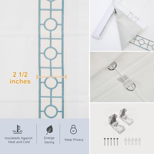Cordless Roman Shades, Blackout Roman Shades, White Embroidered Blue Border Window Shades for Windows, Doors, Kitchen Windows