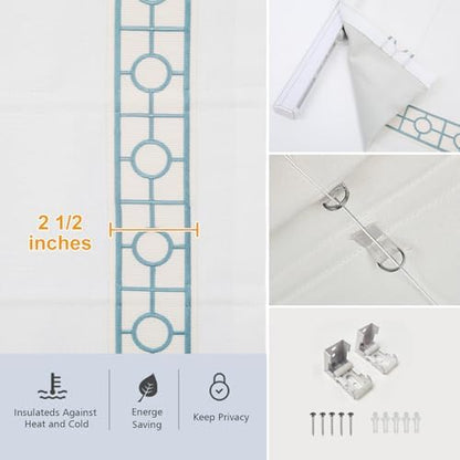 Cordless Roman Shades, Blackout Roman Shades, White Embroidered Blue Border Window Shades for Windows, Doors, Kitchen Windows