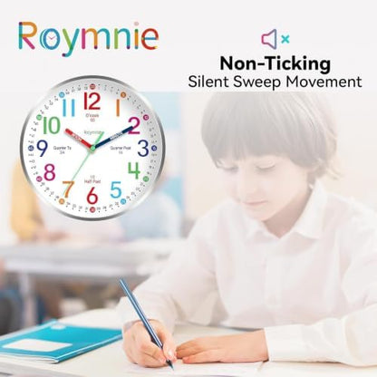 Roymnie Wall Clock for Kids Learning Battery Operated Teaching Silent 8" | Learning to Tell Time Easily Non Ticking Analog Colorful Teaching Time Clock Decorative for Kids Room Classroom School Modern
