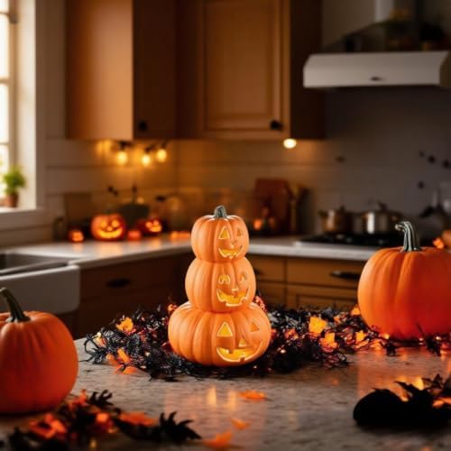 Evelyne Stacked Jack-O’-Lantern Pumpkin Decoration – 3-Tier Light-Up Hallowee...
