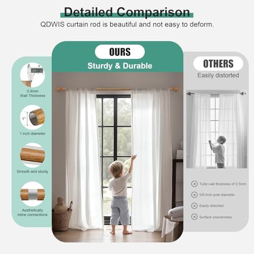 QDWIS 2 Pack Boho Wood Curtain Rods for Windows 48 to 84 inch,1" Adjustable Heavy Duty Window Curtain Rod with Imitation Wood Grain Finials,Rustic Decorative Drapery Rods Set 36-88'',Natural Wood