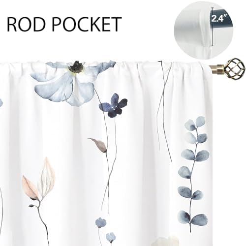 Watercolor Floral Kitchen Curtain 27.5W X 39L Inch 2 Panel Beige Blue White Flower Minimalist Cute Plant Leaves Summer Small Short Cafe Tier Window Treatment Drapes Bathroom Curtain Home Decor