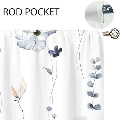 Watercolor Floral Kitchen Curtain 27.5W X 39L Inch 2 Panel Beige Blue White Flower Minimalist Cute Plant Leaves Summer Small Short Cafe Tier Window Treatment Drapes Bathroom Curtain Home Decor
