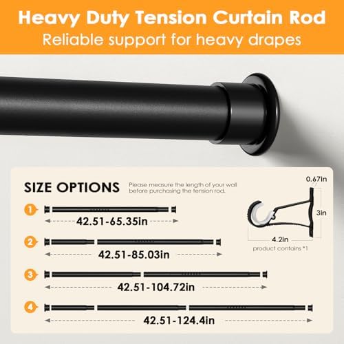 Tension Curtain Rod 43-124 Inches Extra Long Black Heavy Duty | Tension Rods Adjustable Curtain Rod No Drilling Spring Loaded Tension Rod for Windows Patio Curtains and Non Slip