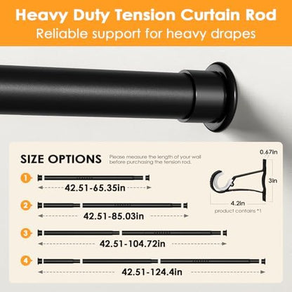 Tension Curtain Rod 43-124 Inches Extra Long Black Heavy Duty | Tension Rods Adjustable Curtain Rod No Drilling Spring Loaded Tension Rod for Windows Patio Curtains and Non Slip