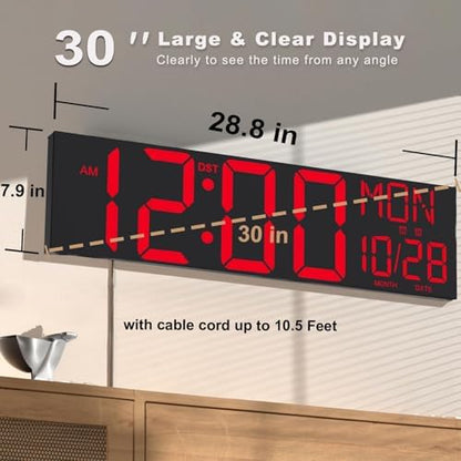 JALL 30" Giant Digital Wall Clock, Extra Large LED Clock with Remote, Huge Wall Clock with Jumbo Numbers for Living Room, Gym & Church, Black Housing with Red Digits, Red