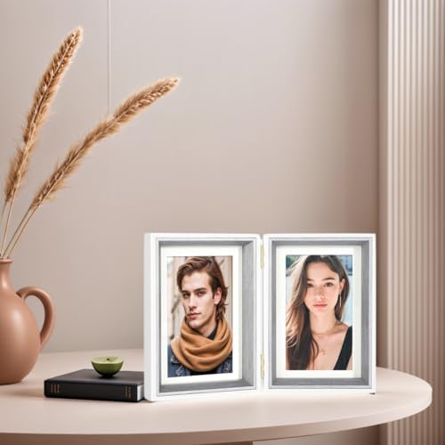 4x6 Double Hinged Picture Frame with Real Glass, PS06-GYX6 | Vertical display for 3x5 photos with mat or 4x6 without mat.Folding College Frame, for tabletop decor, gift for memories