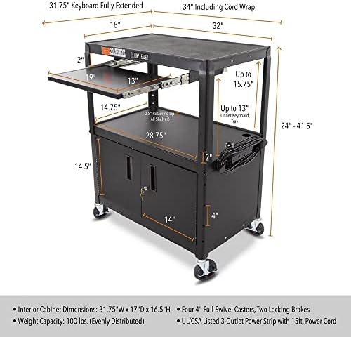 line leader large av cart with locking cabinet showing dimensions