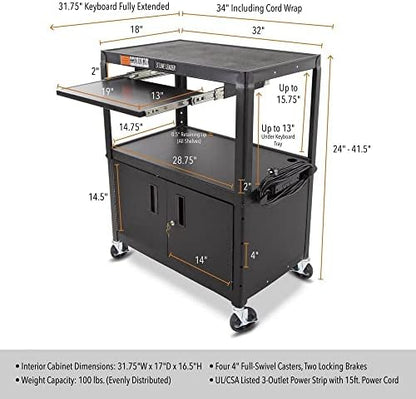 line leader large av cart with locking cabinet showing dimensions