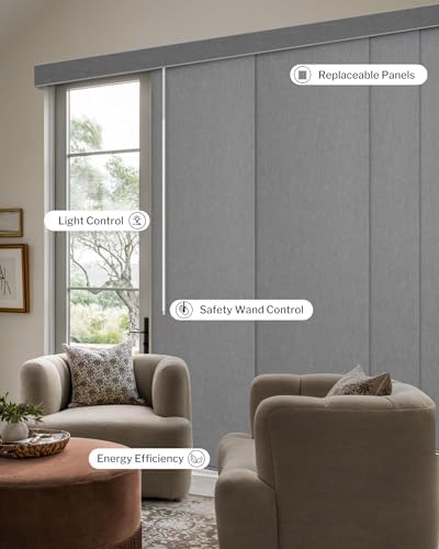 Graywind Manual Sliding Panels 100% Blackout Privacy Panel Track Blinds Wand Control Window Blinds for Patio Sliding Glass Door Large Windows Width Up to 153", Custom Size (Light Grey)