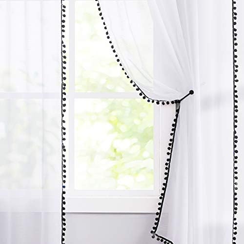 Treatmentex Black and White Sheer Curtains for Living Room 95" Long Linen Curtain Draperies for Nursery Room Decorative Pompom Voiles 2 Panels