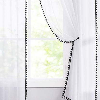 Treatmentex Black and White Sheer Curtains for Living Room 95" Long Linen Curtain Draperies for Nursery Room Decorative Pompom Voiles 2 Panels