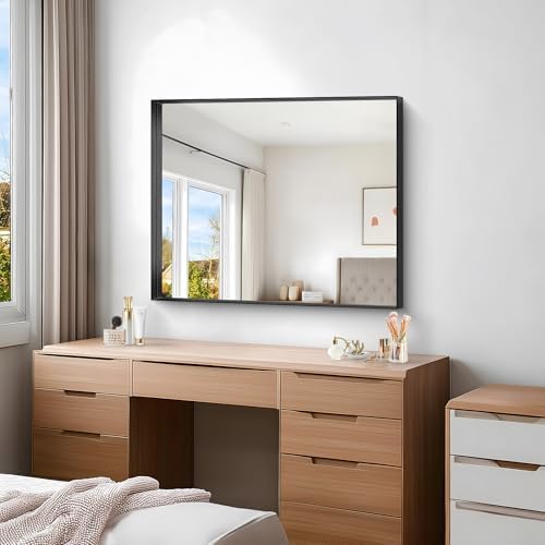 black bathroom mirror, 30x36 inch rectangular framed mirror, package contents