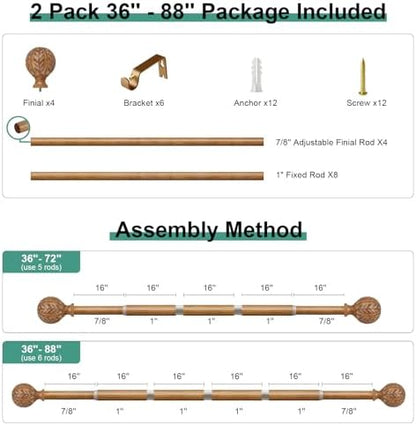 QDWIS 2 Pack Boho Wood Curtain Rods for Windows 48 to 84 inch,1" Adjustable Heavy Duty Window Curtain Rod with Imitation Wood Grain Finials,Rustic Decorative Drapery Rods Set 36-88'',Natural Wood