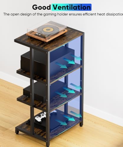 4-tier wooden media stand, av media stand corner, close-up detail