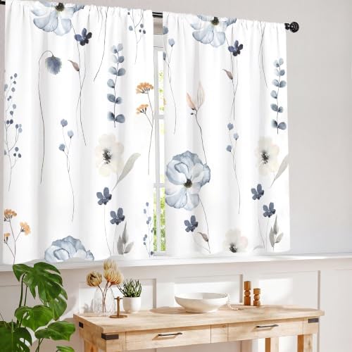 Watercolor Floral Kitchen Curtain 27.5W X 39L Inch 2 Panel Beige Blue White Flower Minimalist Cute Plant Leaves Summer Small Short Cafe Tier Window Treatment Drapes Bathroom Curtain Home Decor