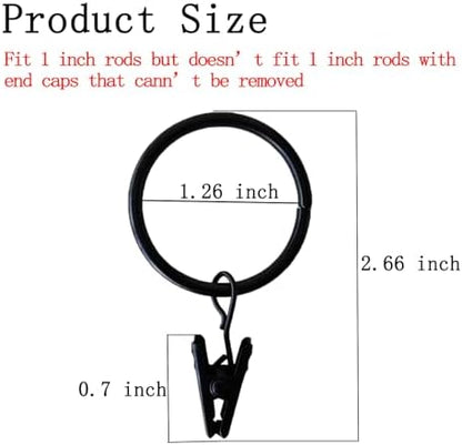 16 Pack Curtain Rings with Clips, Window Clip Rings Black Curtain Hooks Hangers Clip Rings for Hanging Drapery Drapes Bows, Small 1.26 Inch in Diameter, Fits up to 1" Rod