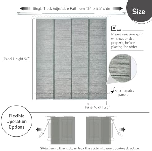 Sliding Panel Blinds for Sliding Glass Door, Sage Gray | Light Filtering Shade, Adjustable Single-Track, 46-85.5" W x 96" H, Cordless & Trimmable, Reinforced Edge