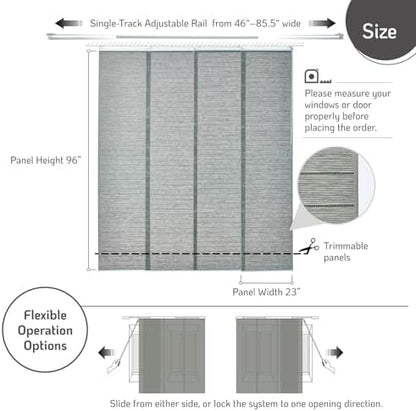 Sliding Panel Blinds for Sliding Glass Door, Sage Gray | Light Filtering Shade, Adjustable Single-Track, 46-85.5" W x 96" H, Cordless & Trimmable, Reinforced Edge