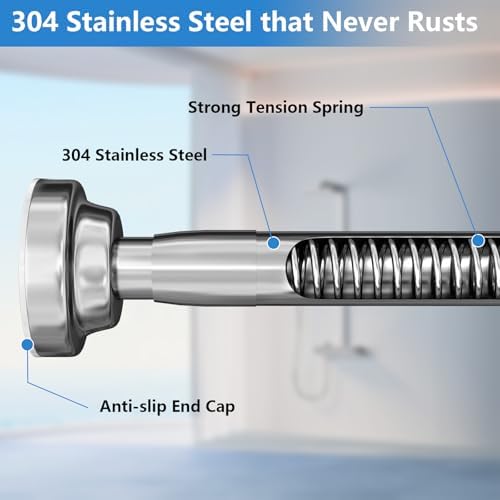 Umimile Shower Curtain Rod, 1 Inch Adjustable Spring Tension Curtain Rod | 304 Stainless Steel Shower Rod for Bathroom, Windows, Never Rust Non-Slip (Stainless Steel, 50-86”)