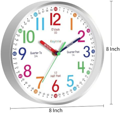 Roymnie Wall Clock for Kids Learning Battery Operated Teaching Silent 8" | Learning to Tell Time Easily Non Ticking Analog Colorful Teaching Time Clock Decorative for Kids Room Classroom School Modern